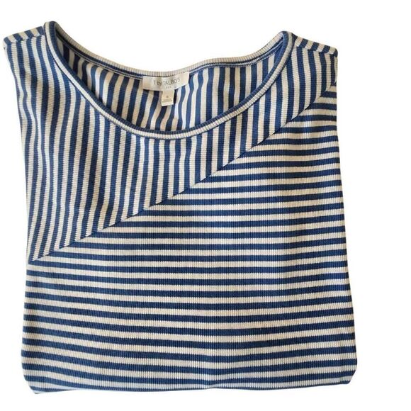 T By Talbots Womens Striped Cotton Blend Ribbed Knit Tee Blue White Small - Picture 9 of 10